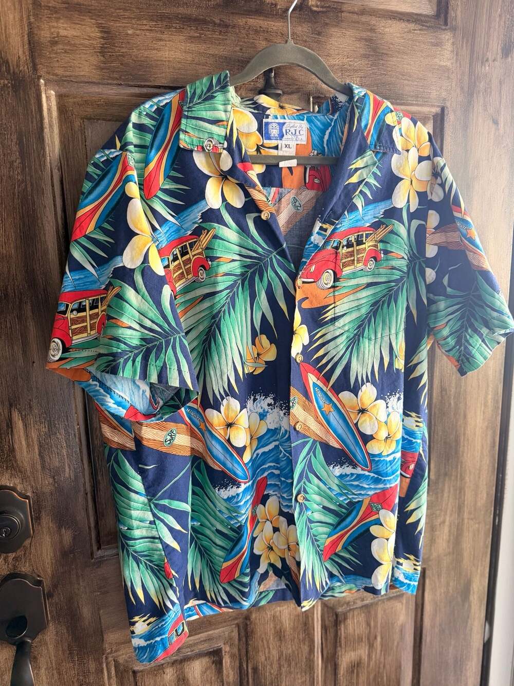 RJC Ltd. Made In Hawaii U.S.A. Men's XL Hawaiian Shirt Surf Woody Cars Palm
